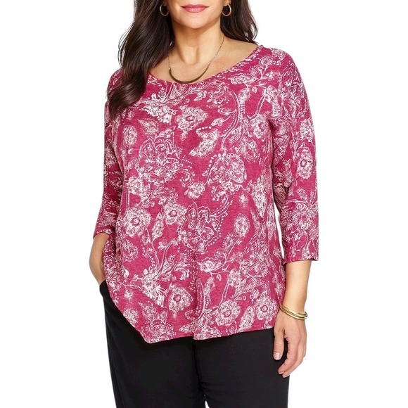 Rachel Zoe 1X Linen Top Floral Paisley 3/4 Sleeve Fuchsia Pink Plus Size - Picture 1 of 9